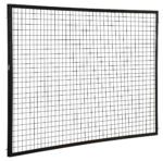 A black metal grid with a curved design is displayed on a white background, similar to the Vestil Adjustable Perimeter Guard Panel 5X8 Ft, featuring evenly spaced horizontal and vertical lines forming square openings.