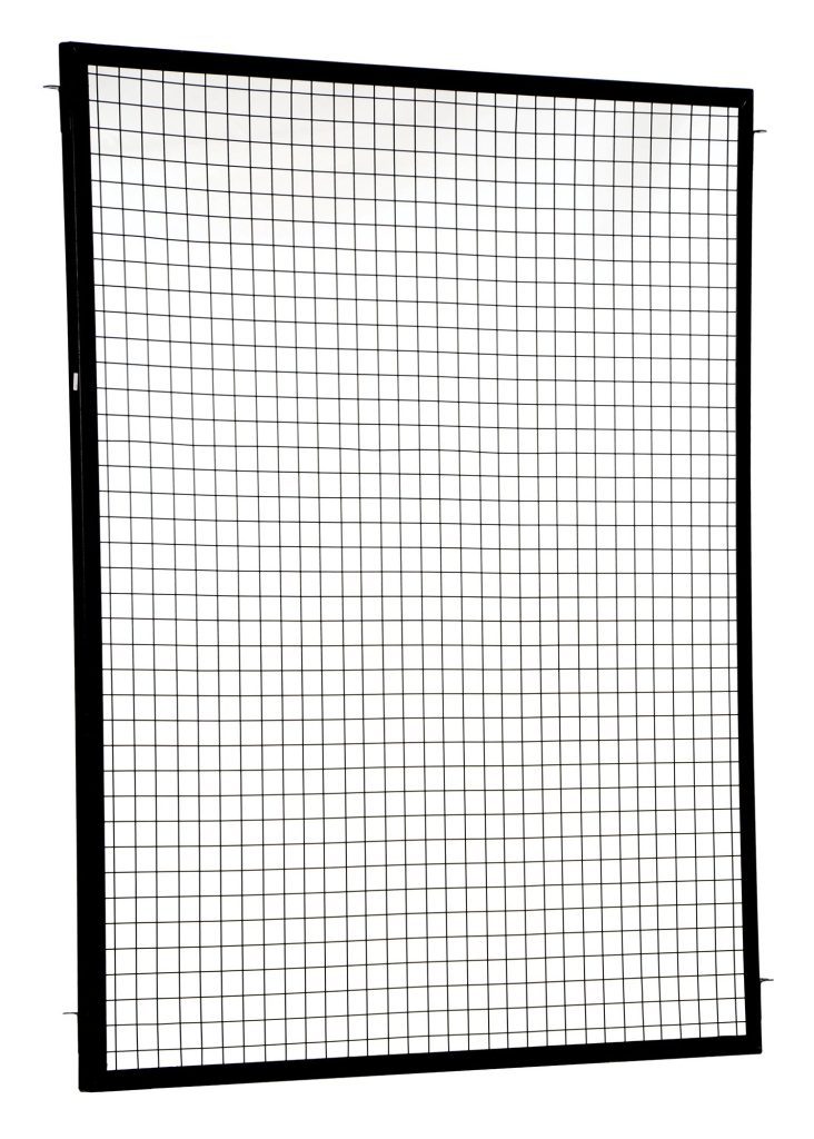 The Vestil Adjustable Perimeter Guard Panel 6X5 Ft is a rectangular black-framed wire mesh panel with a grid of evenly spaced squares, set against a white backdrop to emphasize its simple and functional design.