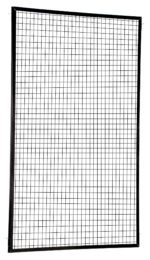 The Vestil Adjustable Perimeter Guard Panel 8X5 Ft showcases a sleek black grid over wire mesh, artfully angled against a white backdrop.