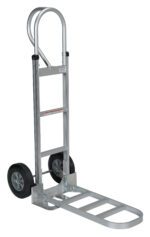 The Vestil Aluminum P-Handle Hand Truck Hard Rubber includes two black hard rubber wheels, a durable metal frame, and an extended loading platform for heavy items. Its arched handle enhances comfort, offering reliable manual transportation.