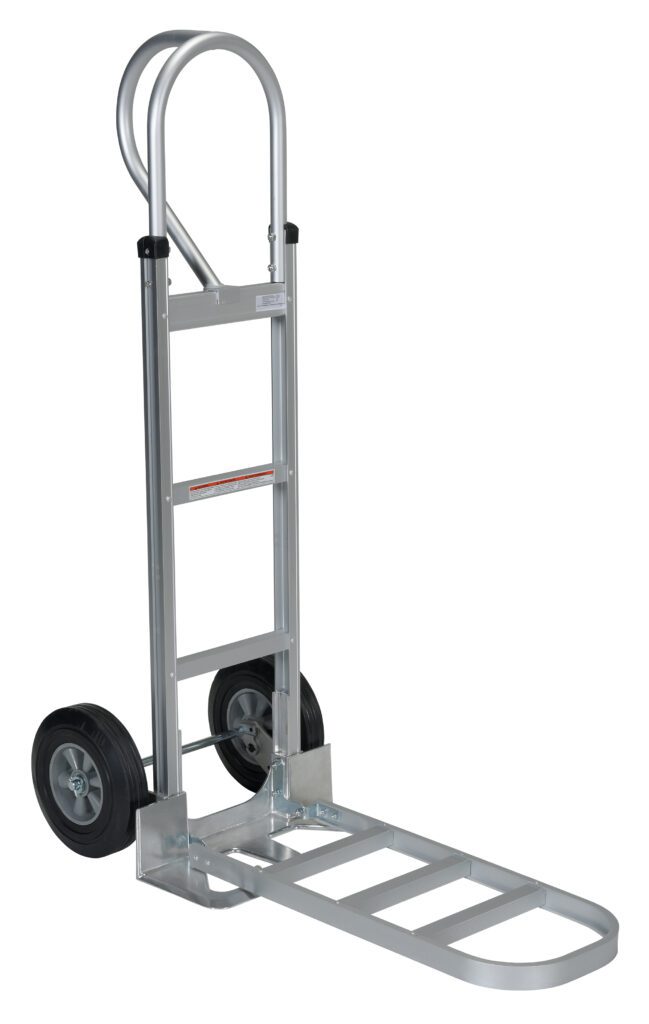 The Vestil Aluminum P-Handle Hand Truck Hard Rubber includes two black hard rubber wheels, a durable metal frame, and an extended loading platform for heavy items. Its arched handle enhances comfort, offering reliable manual transportation.