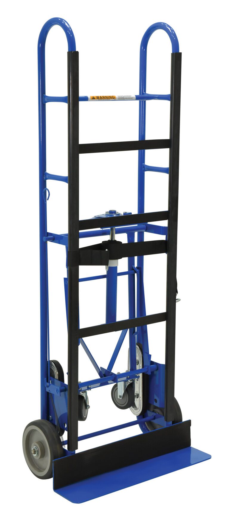 The Vestil Vending -Appliance Cart Ratchet 60 In sports a sleek blue and black design with two sturdy rubber wheels and a foldable platform. With its vertical handlebar and horizontal support grid, its ideal for moving heavy items, blending functionality with style.