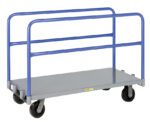 The Little Giant Adjustable Sheet & Panel Truck features a robust blue metal frame, gray base, and four black wheels for easy movement. It includes two side rails to secure items during transport.
