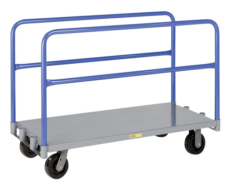 The Little Giant Adjustable Sheet & Panel Truck features a robust blue metal frame, gray base, and four black wheels for easy movement. It includes two side rails to secure items during transport.