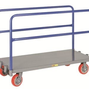 The Little Giant Adjustable Sheet & Panel Truck is a gray flatbed trolley with blue side rails and four red casters, perfect for moving large panels or boards. Its robust metal build makes it ideal for industrial and commercial use.