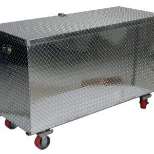 The Vestil Aluminum Tool Box-Casters 24 X 36 is a sturdy metal storage unit on casters, featuring a diamond plate design and eye-catching red wheel covers.