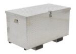 The Vestil Aluminum Tool Box-Fork Pockets 24 X 36 features a silver diamond plate design with a hinged lid, latch, and two side handles. Measuring 24 x 36 inches, its elevated on small rectangular supports and includes fork pockets for convenience.