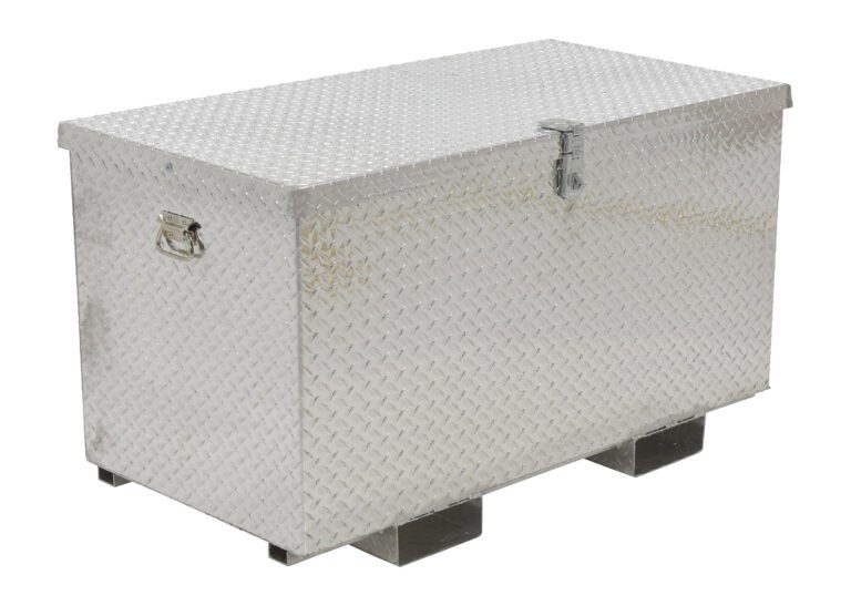 APTS-2436-F_A.jpg The Vestil Aluminum Tool Box-Fork Pockets 24 X 36 features a silver diamond plate design with a hinged lid, latch, and two side handles. Measuring 24 x 36 inches, its elevated on small rectangular supports and includes fork pockets for convenience.
