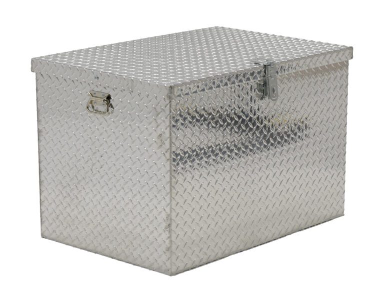 APTS-2436_A.jpg The Vestil Aluminum Portable Tool Box 24 X 36 is a silver, diamond plate-patterned metal box with a hinged lid, latch for locking, and side handles for easy carrying.