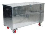 The Vestil Alum Tool Box Front Door -Casters 24X48 is a large metallic storage chest with a diamond plate texture, mounted on four red caster wheels. It has a hinged lid with a latch and handle, ideal for tool or supply organization.