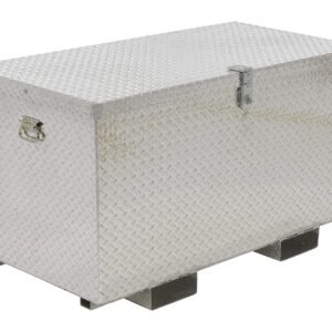 The Vestil Aluminum Tool Box-Fork Pockets 24 X 48 is a sleek, patterned aluminum toolbox with a latch-secured lid, convenient side handle for easy carrying, and two sturdy rectangular supports on the bottom.