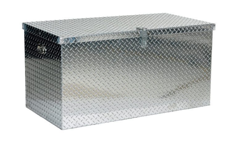 The Vestil Aluminum Portable Tool Box 24 X 48 is a large silver chest with diamond plate texture, featuring a securely latching lid and side handles for easy transport, all set against a crisp white background.