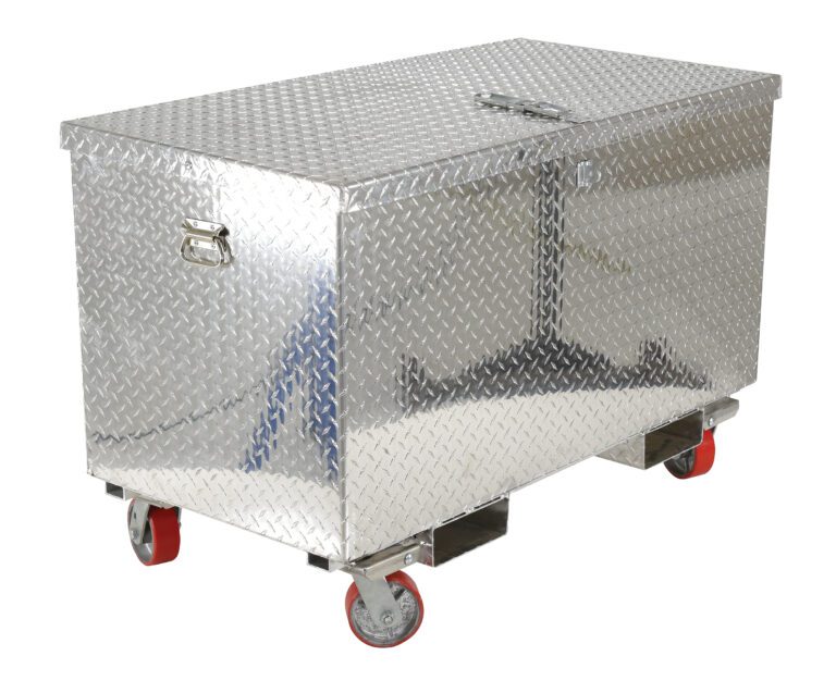 APTS-2460-CF_A.jpg The Vestil Aluminum Tool Box-Casters/Forks 24 X 60 is a large, rectangular storage unit with a diamond-patterned texture, sturdy handle, and red casters for rugged, industrial security and easy mobility.