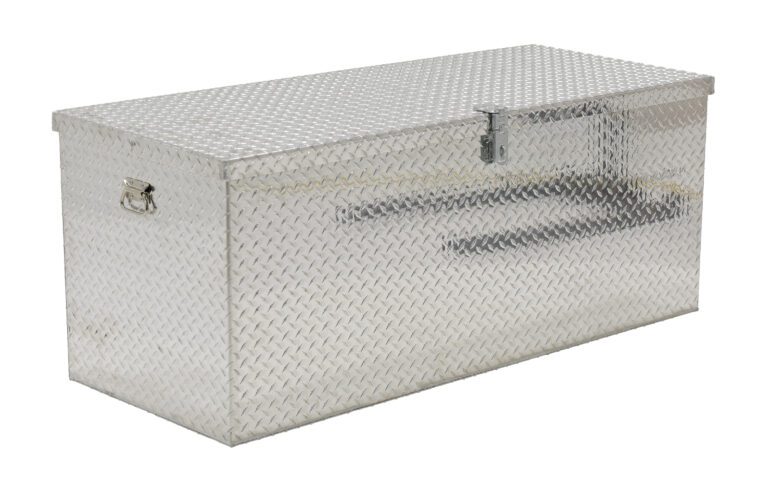 APTS-2460_A.jpg The Vestil Aluminum Portable Tool Box 24 X 60, featuring a silver diamond plate pattern, has a rectangular design with side handles and a secure front latch, ideal for any task.