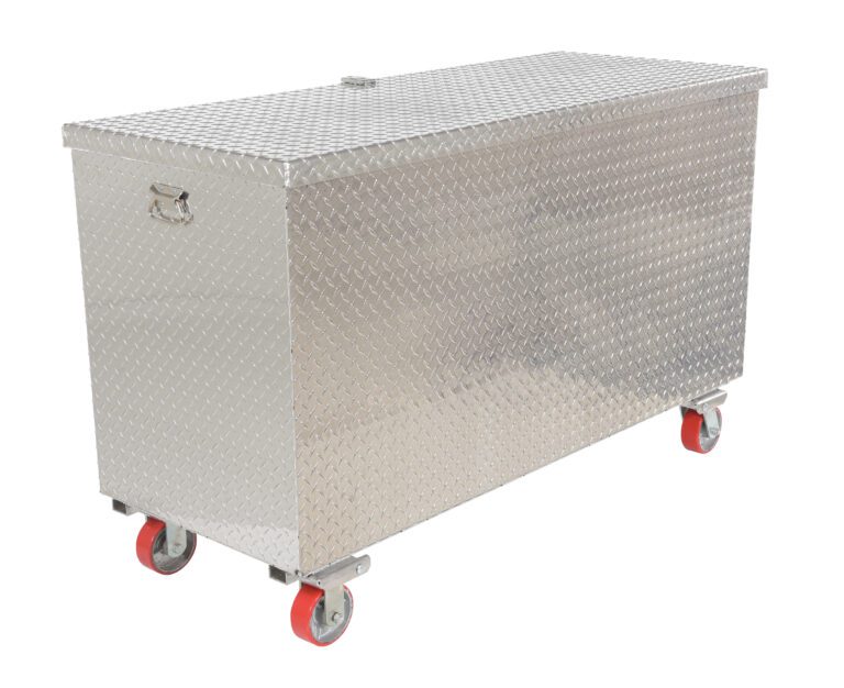 APTS-3060-C-FD_A.jpg This sleek Vestil Alum Tool Box has a rectangular silver design with a diamond plate pattern and hinged lid. It features side handles, red casters, and measures 30x60 for unmatched mobility.