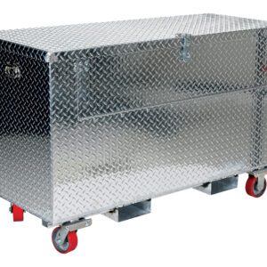 The Vestil Alum Tool Box Front Door Caster/Fork 30X60 is a large metallic storage box with a diamond plate pattern, four red Vestil casters, a hinged lid with metal latch, and a rectangular front handle for easy maneuvering, making it an ideal tool organizer.