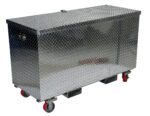 The Vestil Aluminum Tool Box-Casters/Forks 30 X 60 is a robust silver metal storage box with a diamond plate pattern and bright red wheels for easy maneuverability. Its hinged lid makes it perfect for industrial or workshop settings, offering durable and practical storage solutions.