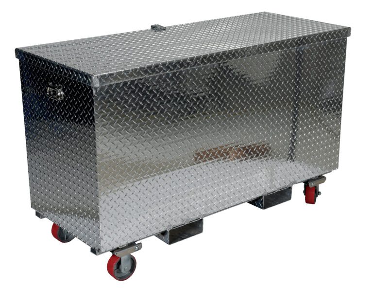 The Vestil Aluminum Tool Box-Casters/Forks 30 X 60 is a robust silver metal storage box with a diamond plate pattern and bright red wheels for easy maneuverability. Its hinged lid makes it perfect for industrial or workshop settings, offering durable and practical storage solutions.