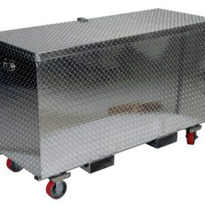 The Vestil Aluminum Tool Box-Casters/Forks 30 X 60 is a robust silver metal storage box with a diamond plate pattern and bright red wheels for easy maneuverability. Its hinged lid makes it perfect for industrial or workshop settings, offering durable and practical storage solutions.