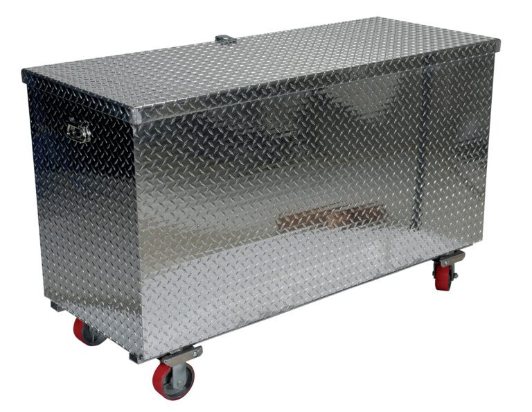 APTS-3060-C_A.jpg The Vestil Aluminum Tool Box-Casters 30 X 60 is a spacious rectangular storage box with a diamond plate design, featuring a hinged lid and side handles. It sits on four red caster wheels for easy movement.