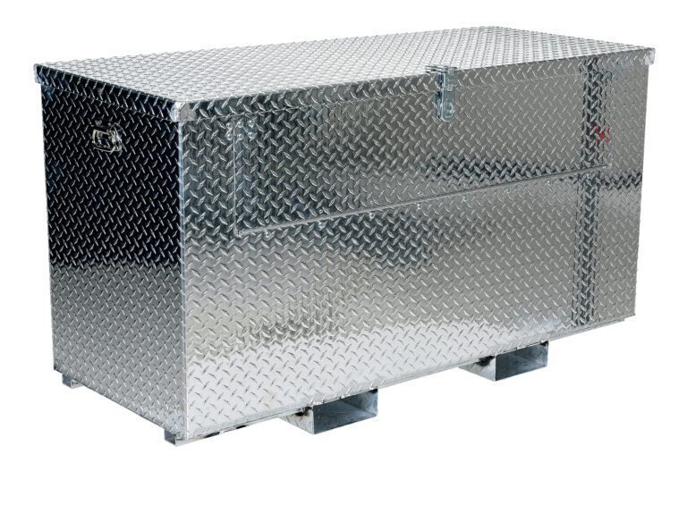 APTS-3060-F-FD_A.jpg The Vestil Alum Tool Box Fork Pockets-Front Door 30X60 is a large, rectangular, silver metal storage box with a diamond plate pattern. It features front fork pockets, a hinged lid with padlock security, two side handles for easy carrying, and elevated supports for versatile use.