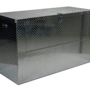 The Vestil Alum Portable Tool Box Front Door 30X60 is a large, rectangular storage chest with a hinged lid and latch lock, featuring a reflective metallic surface with a crisscross diamond plate pattern. It stands on a flat surface, casting a shadow like an oversized toolbox.