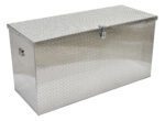 The Vestil Aluminum Portable Tool Box 30 X 60 is a rectangular storage solution with a diamond plate pattern, front latch, and side handles. Its reflective surface adds a sleek touch to any workspace.
