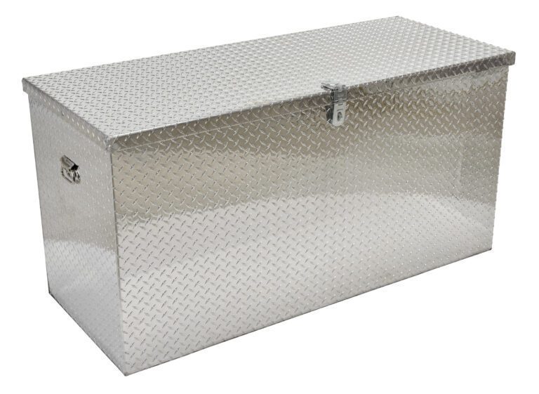APTS-3060_A.jpg The Vestil Aluminum Portable Tool Box 30 X 60 is a rectangular storage solution with a diamond plate pattern, front latch, and side handles. Its reflective surface adds a sleek touch to any workspace.