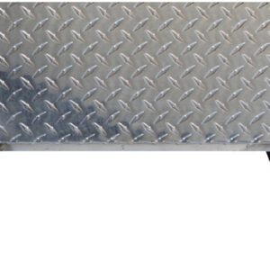 The image displays the bottom of a Vestil Aluminum Tool Box-Casters/Forks 36 X 48, highlighting its diamond plate design and four red and black swivel caster wheels for durability and mobility.