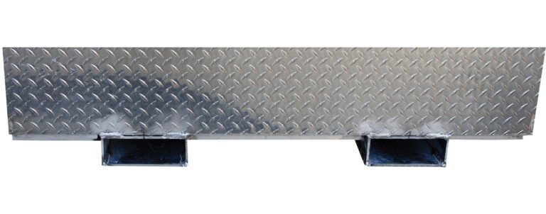 APTS-3648-F_A.jpg A durable steel diamond plate featuring a raised pattern and two square mounting brackets, reminiscent of the Vestil Aluminum Tool Box-Fork Pockets 36 X 48, with its shiny, reflective metal finish.