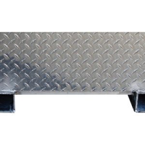 A durable steel diamond plate featuring a raised pattern and two square mounting brackets, reminiscent of the Vestil Aluminum Tool Box-Fork Pockets 36 X 48, with its shiny, reflective metal finish.