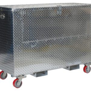 The Vestil Alum Tool Box Front Door Caster/Fork 36X60 showcases a durable front door, a 36x60 size, and a shiny silver diamond plate pattern. Its mounted on red swivel caster wheels for easy maneuverability.