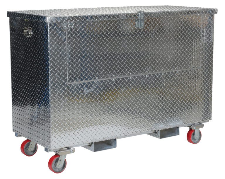 The Vestil Alum Tool Box Front Door Caster/Fork 36X60 showcases a durable front door, a 36x60 size, and a shiny silver diamond plate pattern. Its mounted on red swivel caster wheels for easy maneuverability.