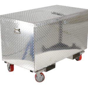 The Vestil Aluminum Tool Box-Casters/Forks 36 X 60 boasts a diamond plate design, secure latch, and is set on sturdy red caster wheels for easy mobility. Its spacious 36 x 60 size ensures tools remain organized and secured during transport.