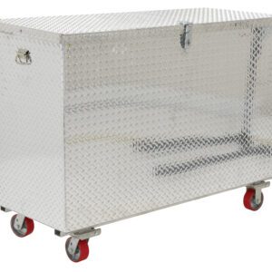 The Vestil Aluminum Tool Box-Casters 36 X 60 features a diamond plate finish, four red caster wheels, a hinged lid, side handles, and a secure front lock. Its spacious and silver in color, set against a plain white background.