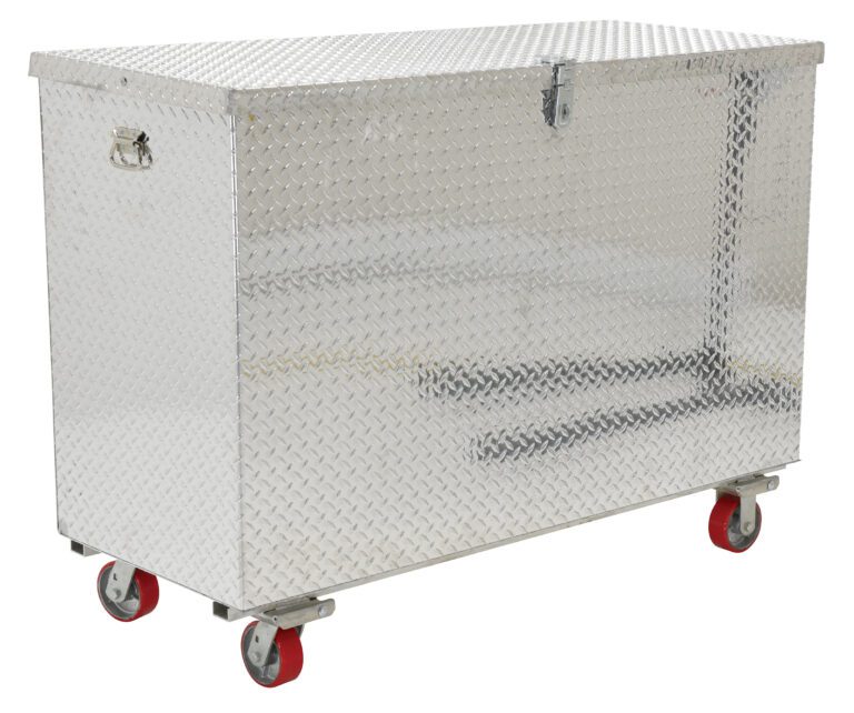 The Vestil Aluminum Tool Box-Casters 36 X 60 features a diamond plate finish, four red caster wheels, a hinged lid, side handles, and a secure front lock. Its spacious and silver in color, set against a plain white background.