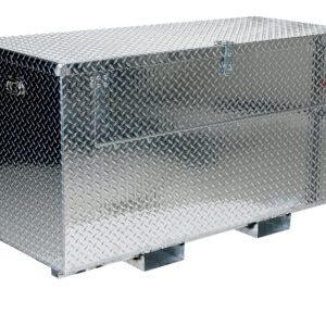 The Vestil Alum Tool Box, a 36X60 metallic storage chest, features a textured, reflective surface with diamond-patterned metal. It includes a hinged lid, fork pockets, and a front door, all elevated on sturdy metal supports.