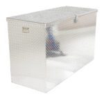 The Vestil Aluminum Portable Tool Box 36 X 60 is a spacious metal storage chest with a diamond plate texture and shiny finish, featuring a front latch for secure closure and a side handle for easy transport, combining practicality and style.