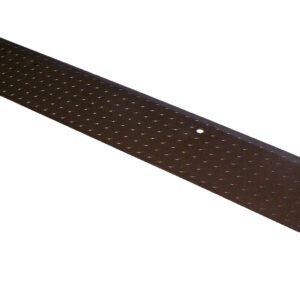 The Vestil Edge-O-Dockleveler Approach Plate 96X12 is a durable, long black metal ramp with diamond plate texture and small holes at both ends for easy mounting.