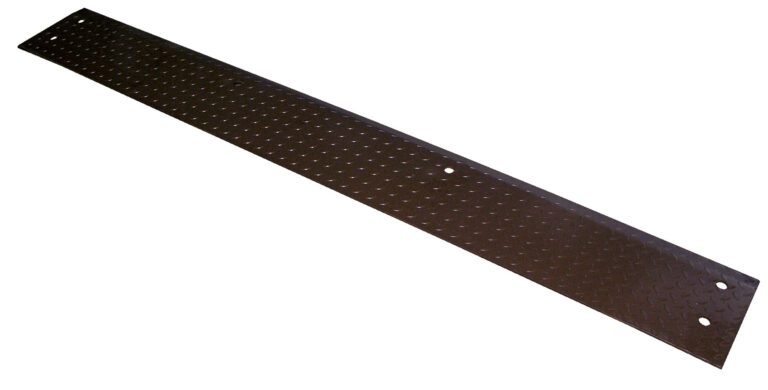 The Vestil Edge-O-Dockleveler Approach Plate 96X12 is a durable, long black metal ramp with diamond plate texture and small holes at both ends for easy mounting.