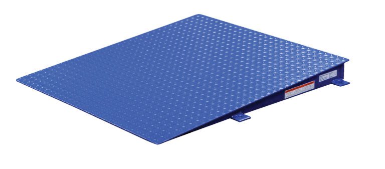 The Vestil Approach Ramp Option 36W X 39L X 3.25H is a blue metallic loading dock ramp featuring a textured surface for traction and a slightly angled incline to facilitate seamless transitions for vehicles or heavy equipment.