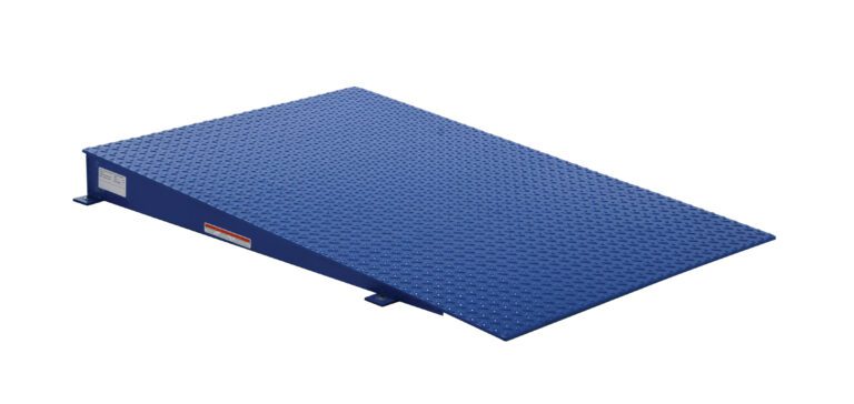 The Vestil Approach Ramp Option 36W X 54L X 4.5H features a blue metal design with a textured surface and gradual incline, intended for durability in loading or accessibility purposes, and is shown alone on a white background to highlight its robust build.