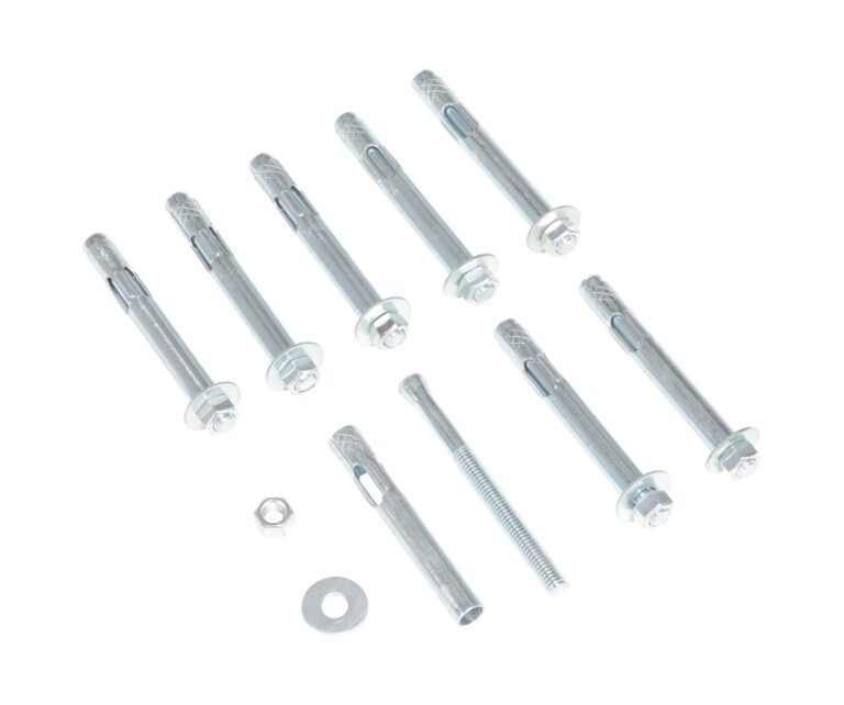 Nine metal sleeve anchors, like the Vestil 8-Pack Concrete Anchor Bolts, are displayed on a white background with included nuts and washers, demonstrating their use for firmly fastening objects to surfaces.