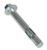 The Vestil Concrete Sleeve Anchor Bolts 1/2 X 4 in have a hex head and grooved cylindrical body for better grip, ideal for securing objects to concrete or masonry.