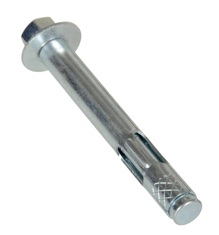 The Vestil Concrete Sleeve Anchor Bolts 1/2 X 4 in have a hex head and grooved cylindrical body for better grip, ideal for securing objects to concrete or masonry.