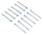 Twelve Vestil 12-Pack Concrete Anchor Bolts, 1/2 x 5 in, are arranged in three rows on a white background. Each bolt includes a nut, washer, and expanded sleeve. They are evenly spaced and aligned in parallel with varying orientations.