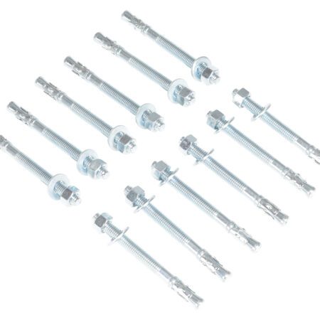 Twelve Vestil 12-Pack Concrete Anchor Bolts, 1/2 x 5 in, are arranged in three rows on a white background. Each bolt includes a nut, washer, and expanded sleeve. They are evenly spaced and aligned in parallel with varying orientations.
