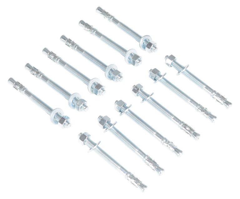 Twelve Vestil 12-Pack Concrete Anchor Bolts, 1/2 x 5 in, are arranged in three rows on a white background. Each bolt includes a nut, washer, and expanded sleeve. They are evenly spaced and aligned in parallel with varying orientations.