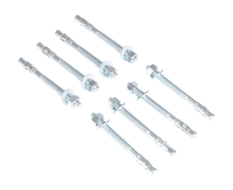 The Vestil 8-Pack Concrete Anchor Bolts 1/2 X 5 In includes washers and nuts, organized in two rows on a white background.