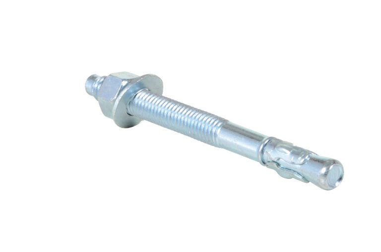 The Vestil Concrete Wedge Anchor Bolts 1/2 x 5 in includes a threaded body, washer, and hex nut. Ideal for securing objects in concrete or masonry, it is shown diagonally on a plain white background with its shiny metallic surface.